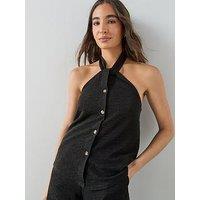 The Very Collection Textured Button Halter Top Co-Ord - Black