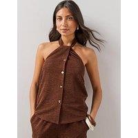 The Very Collection Textured Button Halter Top Co-Ord - Brown