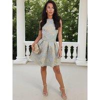 Ax Paris Floral Jacquard Racer Neck Skater Mini Dress - Duck Egg
