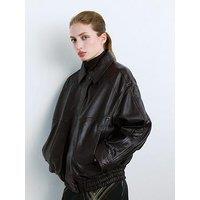 Mango Oversized Leather Jacket - Brown