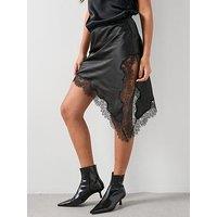 Mango Satin Asymmetric Short Skirt With Lace - Black
