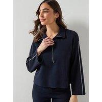 Mango Zip Neck Contrast-Stripe Sweater - Navy