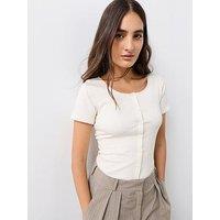 The Very Collection Button Through Lace Trim Ribbed T-Shirt - Cream