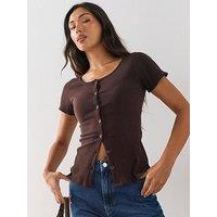 The Very Collection Button Through Lace Trim Ribbed T-Shirt - Brown