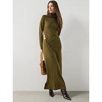 Mango Turtleneck Knitted Dress With Brooch - Khaki