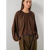 Mango Fine-Knit Ruched Blouse - Brown