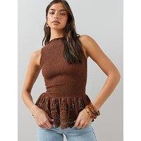 The Very Collection Sleeveless Shirred Frill Hem Top - Brown