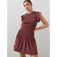 The Very Collection Short Sleeve Frill Shirred Mini Dress - Brown
