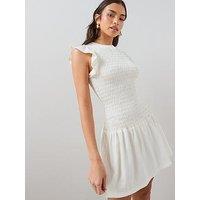 The Very Collection Short Sleeve Frill Shirred Mini Dress - Cream