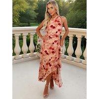 Ax Paris Print One Shoulder Dipped Hem Midi Dress - Blush Rose