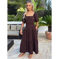 Ax Paris Puff Sleeve Shirred Waist Smock Midi Dress - Chocolate