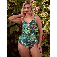 Yours Curve Tropical Print Bandeau Swimsuit - Green