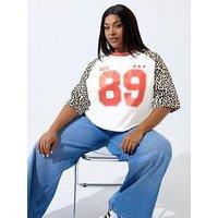 Yours Curve '89 Sport Leopard Print Raglan T-Shirt - White