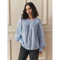 Laura Ashley Embroidered Balloon Sleeve Blouse - Light Blue