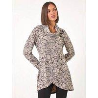 Roman Floral Print Cowl Neck Top - Grey