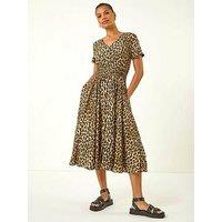 Roman Animal Print Shirred Midi Dress - Tan