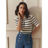 Laura Ashley Collar Rib Henley Jumper Fine Gauge - Ecru/Navy