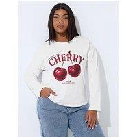 Yours Curve Cherry Long Sleeve Boxy T-Shirt - White