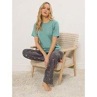 Long Tall Sally Cherry Convo Short Sleeve Wide Leg Pyjama Set - Green