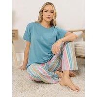 Long Tall Sally Spring Stripes Short Sleeve Wide Leg Pyjama Set - Blue