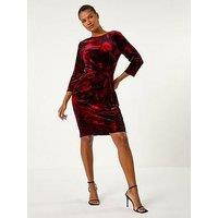 Roman Velvet Rose Print Side Twist Shift Dress - Red
