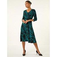 Roman Floral Print Wrap Midi Stretch Dress - Teal