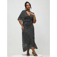 Yours Curve Polka Dot Mesh Ruffle Wrap Dress - Black