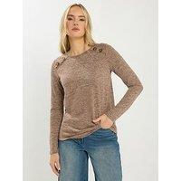Long Tall Sally Marl Button Detail Top - Beige