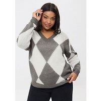 Yours Curve Lofty Yarn Diamond Stitch Jumper - Grey