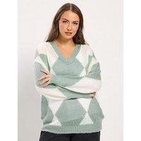 Yours Curve Lofty Yarn Diamond Stitch Jumper - Cream/Green