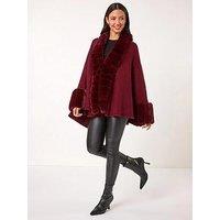 Roman Faux Fur Trim Knitted Poncho - Wine