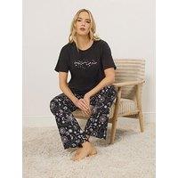 Long Tall Sally Summer Celestial Short Sleeve Wide Leg Pyjama Set - Black
