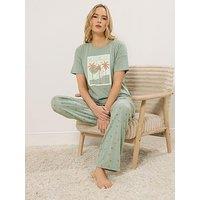 Long Tall Sally Palm Beach Short Sleeve Wide Leg Pyjama Set - Green