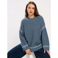 Yours Curve Blanket Stitch Jumper - Blue