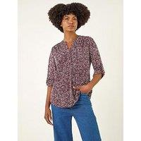 Roman Leaf Print V-Neck Stretch Top - Burgundy