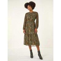 Roman Speckled Print Keyhole Midi Dress - Khaki