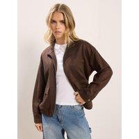 Pixiegirl Womens Petite Suedette Funnel Neck Zip-Through Bomber Jacket - Brown