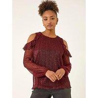 Roman Shimmer Plisse Cold Shoulder Top - Red
