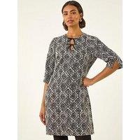 Roman Tile Print Tie Keyhole Stretch Dress - Black