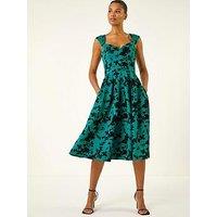 Roman Glitter Floral Flocked Premium Stretch Dress - Teal