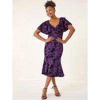 Roman Glitter Floral Flocked Flutter Dress - Purple