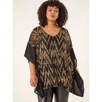 Roman Curve Zig Zag Sequin Overlay Top - Gold
