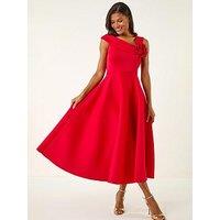 Roman Corsage Premium Stretch Midi Dress - Red