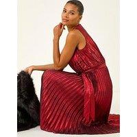 Roman Metallic Pleat Belted Midi Dress - Red