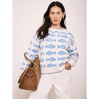 Mint Velvet Blue Fish Jaquard Knit Jumper - White