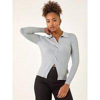 Roman Collar Ribbed Cable Knit Jumper - Light Grey