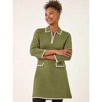 Roman Contrast Zip Collared Knit Dress - Khaki