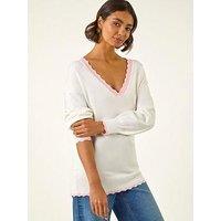 Roman V-Neck Scalloped Boyfriend Jumper - Ivory