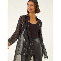 Roman Spot Foil Print Longline Shirt - Black