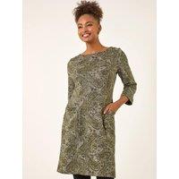 Roman Paisley Print Pocket Shift Stretch Dress - Olive